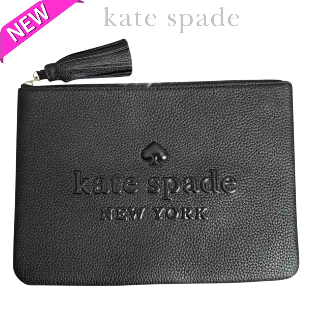 🆕 NWT Kate Spade Sienne Logo Large Black Leather
Zip Clutch Pouch with Tassel